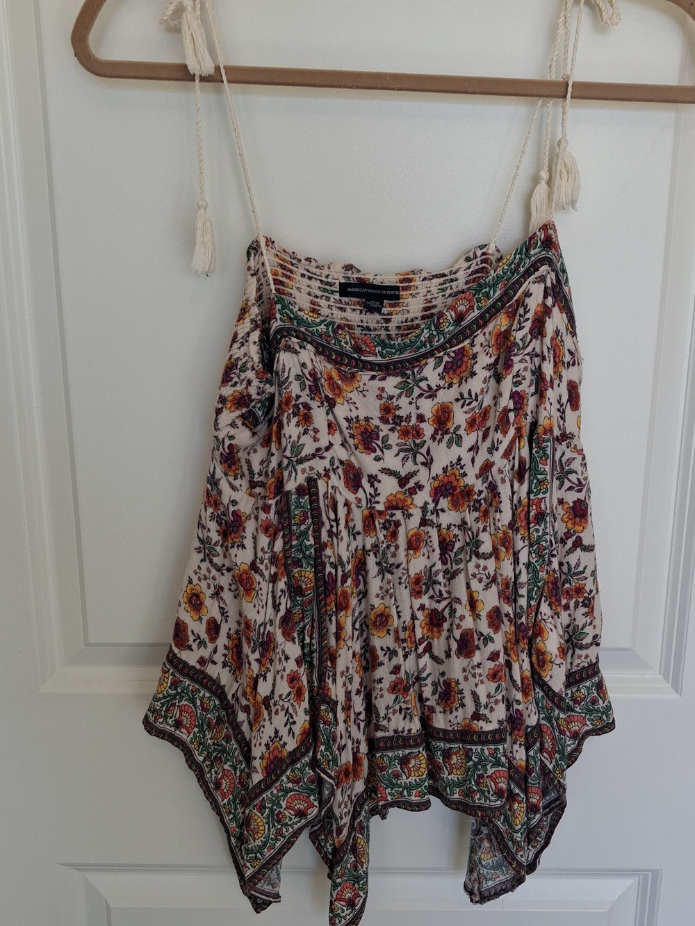 Floral Boho Handkerchief Hem Skirt - White with Yellow & Green Floral